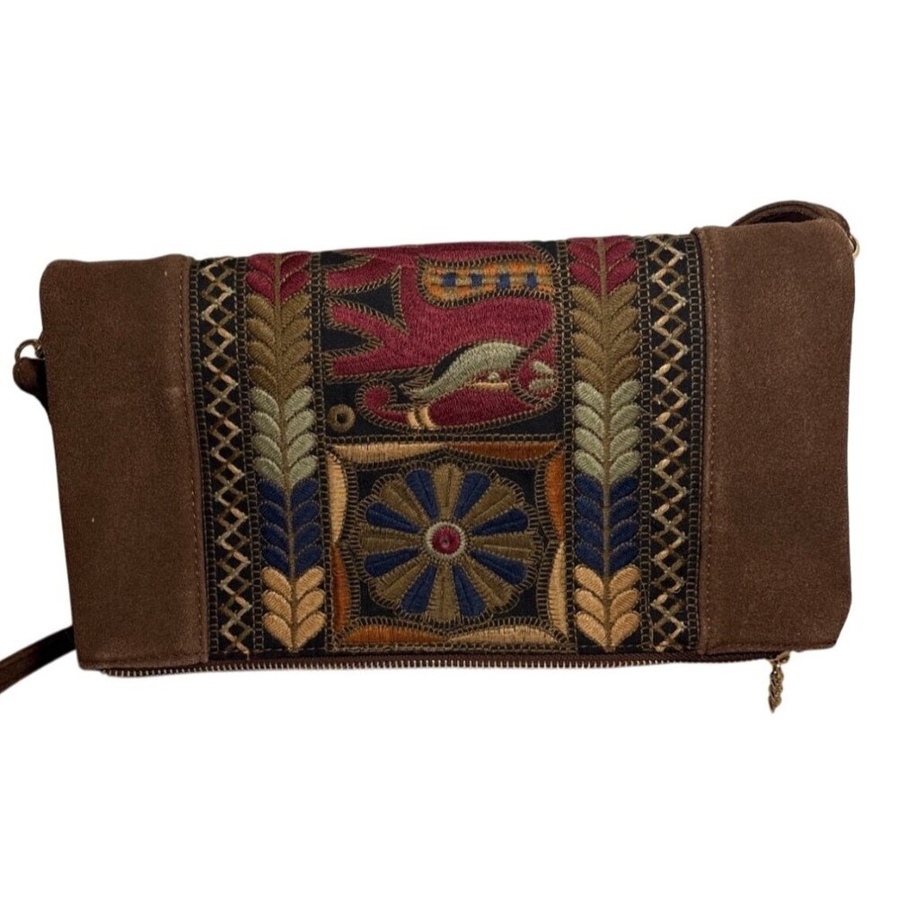 3AM Forever Suede Purse Aztek Embroidered Crossbody Bag With Strap Brown